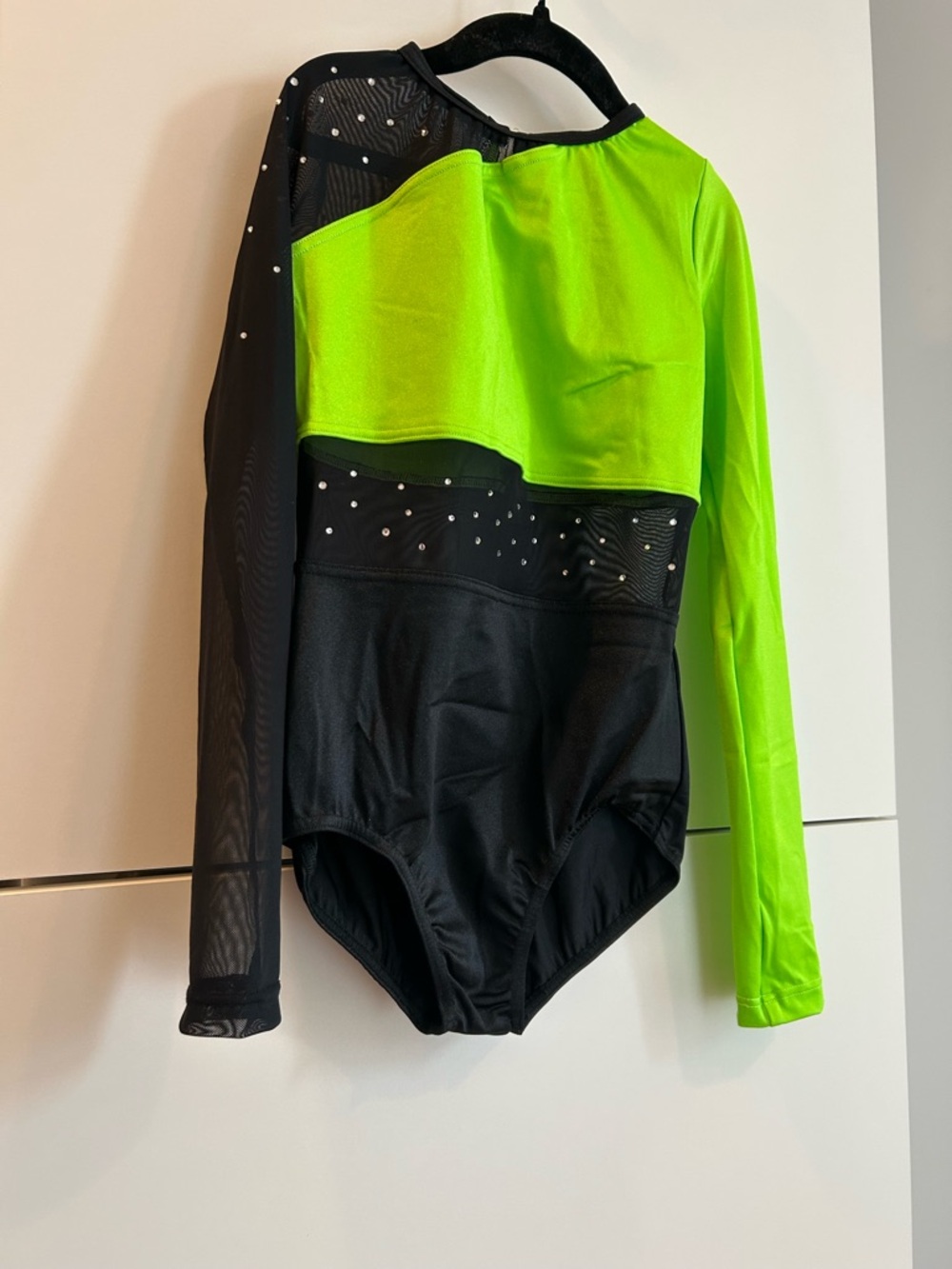 Weissman Neon Green and Black Long Sleeve Leotard with Rhinestones - Picture 4 of 6